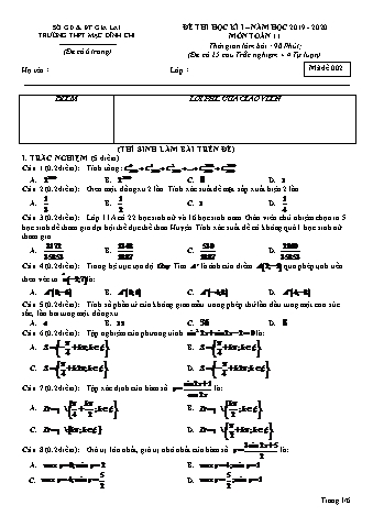 Đề thi học kì 1 môn Toán 11 - Đề 2 - Năm học 2019-2020 - Trường THPT Mạc Đĩnh Chi (Có đáp án)