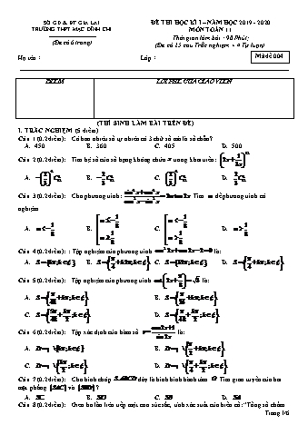 Đề thi học kì 1 môn Toán 11 - Đề 4 - Năm học 2019-2020 - Trường THPT Mạc Đĩnh Chi (Có đáp án)