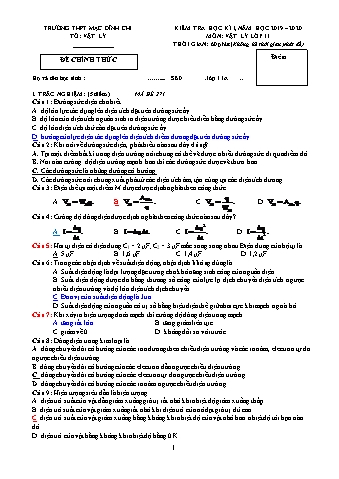 Đề thi học kì 1 Vật lí Lớp 11 - Đề 271 - Năm học 2019-2020 - Trường THPT Mạc Đĩnh Chi (Có đáp án)