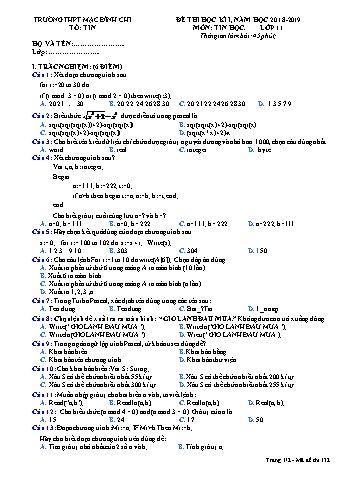 Đề thi học kì môn Tin học 11 - Đề 132 - Năm học 2018-2019 - Trường THPT Mạc Đĩnh Chi (Có đáp án)