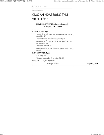 Giáo án Hoạt động thư viện Lớp 1 - Bài: Cô bé quàng khăn đỏ - Trường Tiểu học Hương Bình