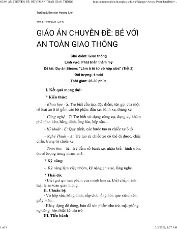Giáo án Mầm non Lớp Chồi - Đề tài: Dự án Steam làm ô tô từ vỏ hộp sữa (Tiết 2) - Trường Mầm non Hương Liên