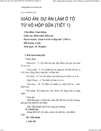 Giáo án Mầm non Lớp Chồi - Đề tài: Dự án Steam làm ô tô từ vỏ hộp sữa (Tiết 1) - Trường Mầm non Hương Liên