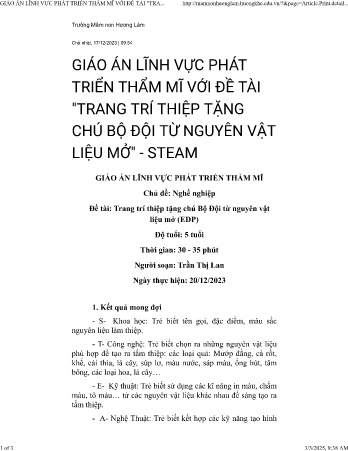 Giáo án Mầm non Lớp Lá - Chủ đề: Nghề nghiệp - Đề tài: Trang trí thiệp tặng chú Bộ đội từ nguyên vật liệu mở (EDP) - Năm học 2023-2024 - Trường Mầm non Hương Lâm