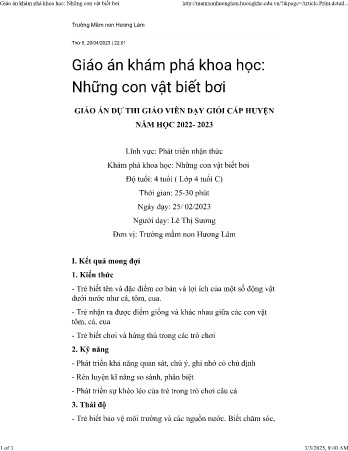 Giáo án Steam Mầm non Lớp Chồi - Lĩnh vực: Phát triển nhận thực - Khám phá khoa học: Những con vật biết bơi - Năm học 2023-2024 - Lê Thị Sương