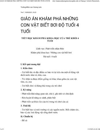Giáo án Steam Mầm non Lớp Chồi - Lĩnh vực: Phát triển nhận thực - Khám phá khoa học: Những con vật biết bơi - Năm học 2023-2024 - Trường Mầm non Hương Lâm