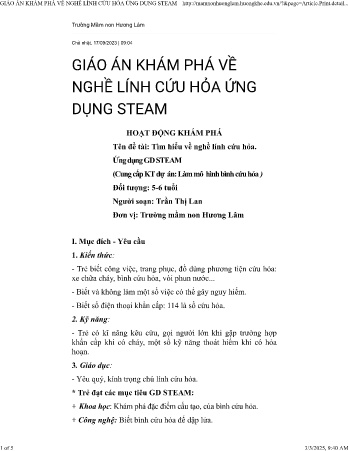 Giáo án Steam Mầm non Lớp Lá - Đề tài: Tìm hiểu về nghề lính cứu hỏa - Năm học 2023-2024 - Trần Thị Lan