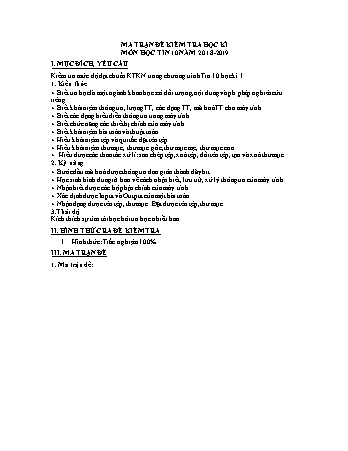 Ma trận đề thi học kì 1 môn Tin học 10 - Năm học 20188-2019