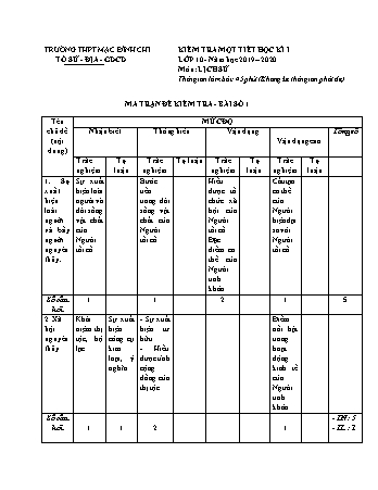 Ma trận kiểm tra 1 tiết học kì 1 môn Lịch sử 10 - Năm học 2019-2020 - Trường THPT Mạc Đĩnh Chi