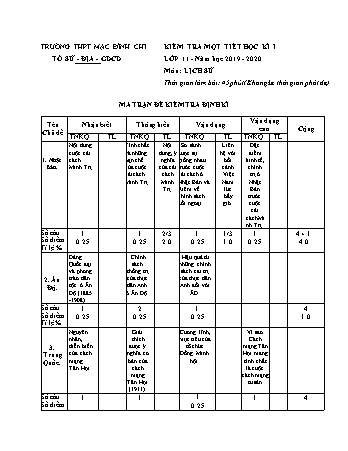 Ma trận kiểm tra 1 tiết học kì 1 môn Lịch sử 11 - Năm học 2019-2020 - Trường THPT Mạc Đĩnh Chi