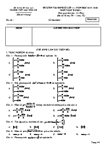 Ma trận kiểm tra định kì Toán lớp 11 - Đề 2 - Năm học 2019-2020 - Trường THPT Mạc Đĩnh Chi (Có đáp án + Ma trận)