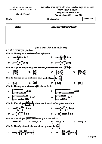 Ma trận kiểm tra định kì Toán lớp 11 - Đề 3 - Năm học 2019-2020 - Trường THPT Mạc Đĩnh Chi (Có đáp án + Ma trận)