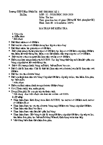 Ma trận thi học kì 1 môn Tin học 12 - Năm học 2019-2020 - Trường THPT Mạc Đĩnh Chi